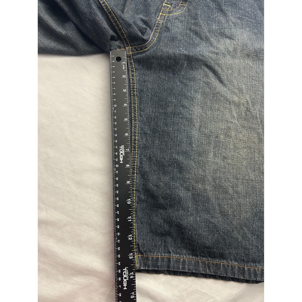 Akademiks Khan Men 40 Dark Wash Denim Shorts Baggy Y2K Streetwear Yellow Stitch - Picture 4 of 9